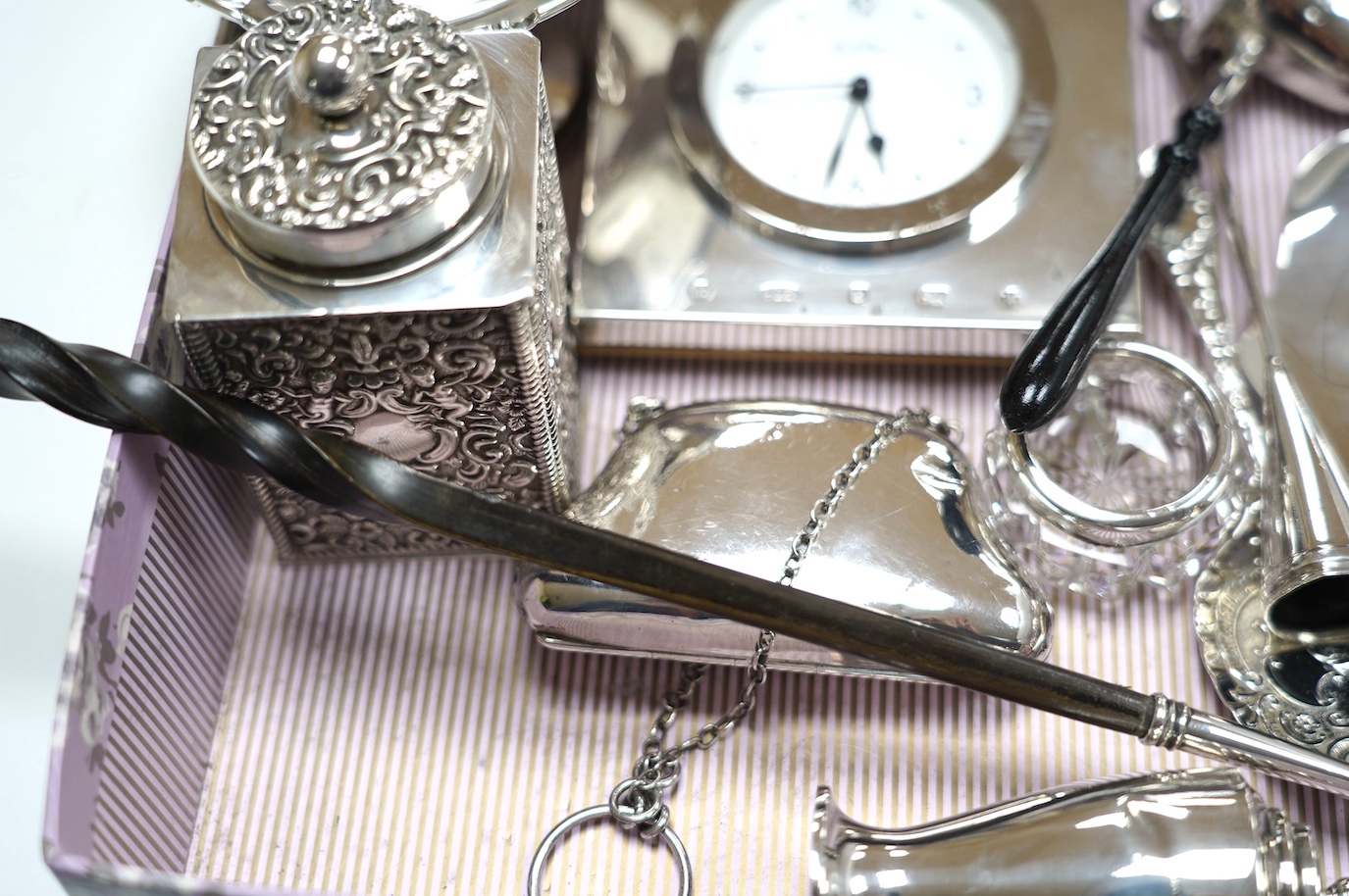 Sundry small silver including a late Victorian silver tea caddy (lid stuck), purse, tazza, modern timepiece, dish with inset coin, extinguisher, toddy ladle etc. and two plated items. Condition - poor to fair to good